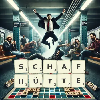 Kreative Illustration für ein Scrabble-Spiel, bei dem das Wort SCHAFHÜTTE mit Steinen auf dem Brett gelegt wurde.