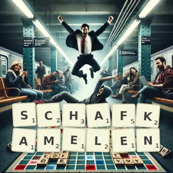 Kreative Illustration für ein Scrabble-Spiel, bei dem das Wort SCHAFKAMELEN mit Steinen auf dem Brett gelegt wurde.