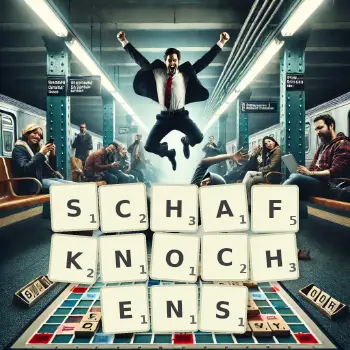 Kreative Illustration für ein Scrabble-Spiel, bei dem das Wort SCHAFKNOCHENS mit Steinen auf dem Brett gelegt wurde.