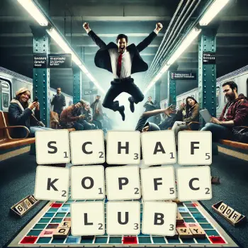 Kreative Illustration für ein Scrabble-Spiel, bei dem das Wort SCHAFKOPFCLUB mit Steinen auf dem Brett gelegt wurde.