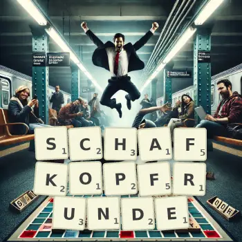 Kreative Illustration für ein Scrabble-Spiel, bei dem das Wort SCHAFKOPFRUNDE mit Steinen auf dem Brett gelegt wurde.