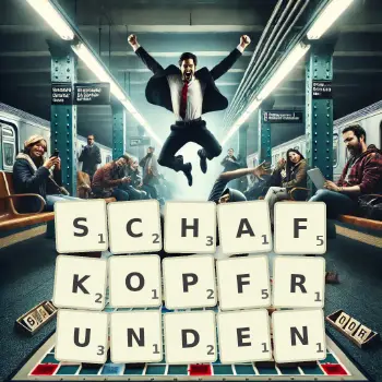 Kreative Illustration für ein Scrabble-Spiel, bei dem das Wort SCHAFKOPFRUNDEN mit Steinen auf dem Brett gelegt wurde.