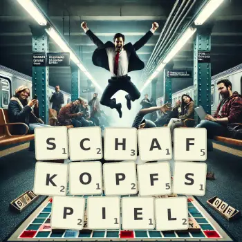 Kreative Illustration für ein Scrabble-Spiel, bei dem das Wort SCHAFKOPFSPIEL mit Steinen auf dem Brett gelegt wurde.