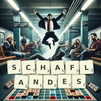 Kreative Illustration für ein Scrabble-Spiel, bei dem das Wort SCHAFLANDES mit Steinen auf dem Brett gelegt wurde.