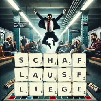 Kreative Illustration für ein Scrabble-Spiel, bei dem das Wort SCHAFLAUSFLIEGE mit Steinen auf dem Brett gelegt wurde.