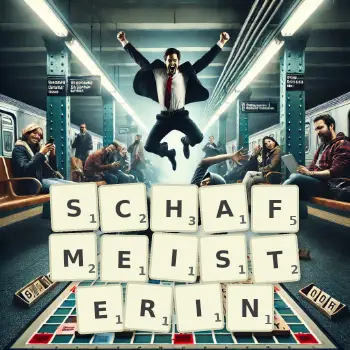 Kreative Illustration für ein Scrabble-Spiel, bei dem das Wort SCHAFMEISTERIN mit Steinen auf dem Brett gelegt wurde.