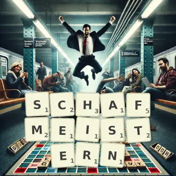 Kreative Illustration für ein Scrabble-Spiel, bei dem das Wort SCHAFMEISTERN mit Steinen auf dem Brett gelegt wurde.