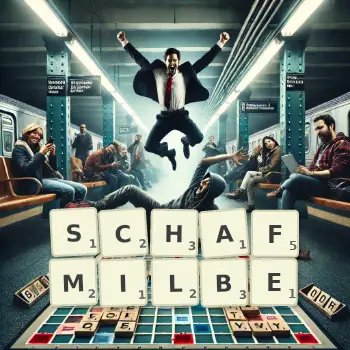 Kreative Illustration für ein Scrabble-Spiel, bei dem das Wort SCHAFMILBE mit Steinen auf dem Brett gelegt wurde.