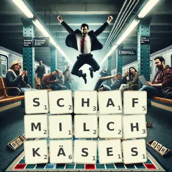 Kreative Illustration für ein Scrabble-Spiel, bei dem das Wort SCHAFMILCHKÄSES mit Steinen auf dem Brett gelegt wurde.