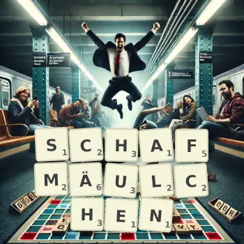 Kreative Illustration für ein Scrabble-Spiel, bei dem das Wort SCHAFMÄULCHEN mit Steinen auf dem Brett gelegt wurde.