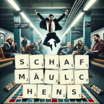 Kreative Illustration für ein Scrabble-Spiel, bei dem das Wort SCHAFMÄULCHENS mit Steinen auf dem Brett gelegt wurde.