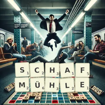 Kreative Illustration für ein Scrabble-Spiel, bei dem das Wort SCHAFMÜHLE mit Steinen auf dem Brett gelegt wurde.