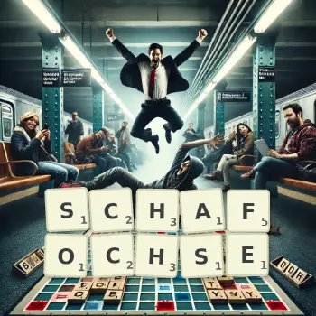 Kreative Illustration für ein Scrabble-Spiel, bei dem das Wort SCHAFOCHSE mit Steinen auf dem Brett gelegt wurde.