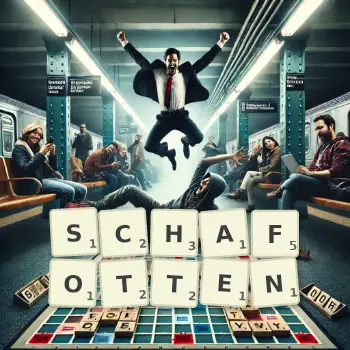 Kreative Illustration für ein Scrabble-Spiel, bei dem das Wort SCHAFOTTEN mit Steinen auf dem Brett gelegt wurde.