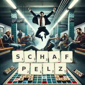 Kreative Illustration für ein Scrabble-Spiel, bei dem das Wort SCHAFPELZ mit Steinen auf dem Brett gelegt wurde.