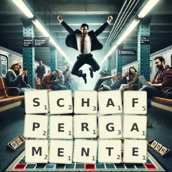 Kreative Illustration für ein Scrabble-Spiel, bei dem das Wort SCHAFPERGAMENTE mit Steinen auf dem Brett gelegt wurde.