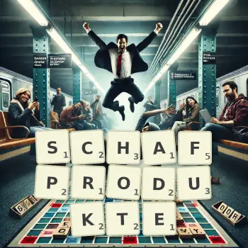 Kreative Illustration für ein Scrabble-Spiel, bei dem das Wort SCHAFPRODUKTE mit Steinen auf dem Brett gelegt wurde.