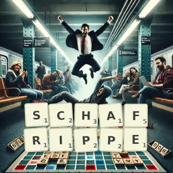 Kreative Illustration für ein Scrabble-Spiel, bei dem das Wort SCHAFRIPPE mit Steinen auf dem Brett gelegt wurde.