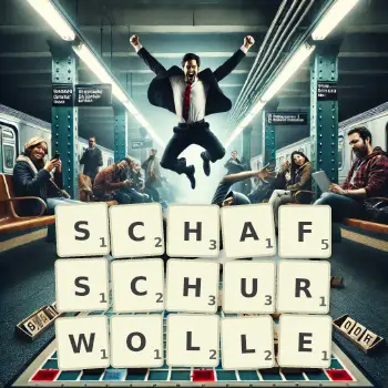 Kreative Illustration für ein Scrabble-Spiel, bei dem das Wort SCHAFSCHURWOLLE mit Steinen auf dem Brett gelegt wurde.
