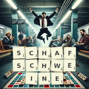 Kreative Illustration für ein Scrabble-Spiel, bei dem das Wort SCHAFSCHWEINE mit Steinen auf dem Brett gelegt wurde.
