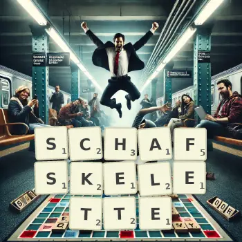 Kreative Illustration für ein Scrabble-Spiel, bei dem das Wort SCHAFSKELETTE mit Steinen auf dem Brett gelegt wurde.