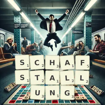 Kreative Illustration für ein Scrabble-Spiel, bei dem das Wort SCHAFSTALLUNG mit Steinen auf dem Brett gelegt wurde.