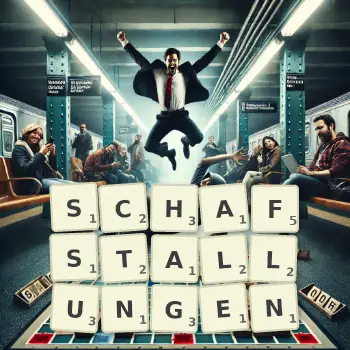 Kreative Illustration für ein Scrabble-Spiel, bei dem das Wort SCHAFSTALLUNGEN mit Steinen auf dem Brett gelegt wurde.