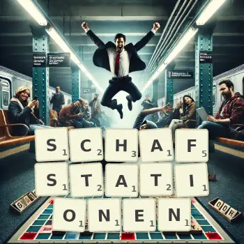 Kreative Illustration für ein Scrabble-Spiel, bei dem das Wort SCHAFSTATIONEN mit Steinen auf dem Brett gelegt wurde.