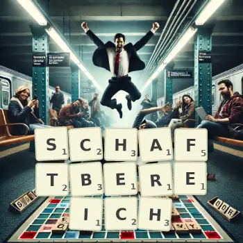 Kreative Illustration für ein Scrabble-Spiel, bei dem das Wort SCHAFTBEREICH mit Steinen auf dem Brett gelegt wurde.