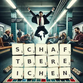 Kreative Illustration für ein Scrabble-Spiel, bei dem das Wort SCHAFTBEREICHEN mit Steinen auf dem Brett gelegt wurde.