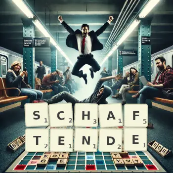 Kreative Illustration für ein Scrabble-Spiel, bei dem das Wort SCHAFTENDE mit Steinen auf dem Brett gelegt wurde.