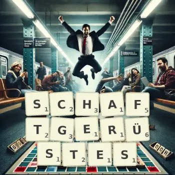 Kreative Illustration für ein Scrabble-Spiel, bei dem das Wort SCHAFTGERÜSTES mit Steinen auf dem Brett gelegt wurde.