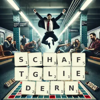 Kreative Illustration für ein Scrabble-Spiel, bei dem das Wort SCHAFTGLIEDERN mit Steinen auf dem Brett gelegt wurde.