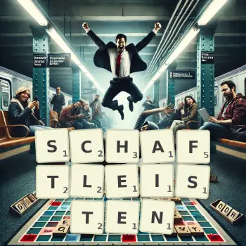 Kreative Illustration für ein Scrabble-Spiel, bei dem das Wort SCHAFTLEISTEN mit Steinen auf dem Brett gelegt wurde.