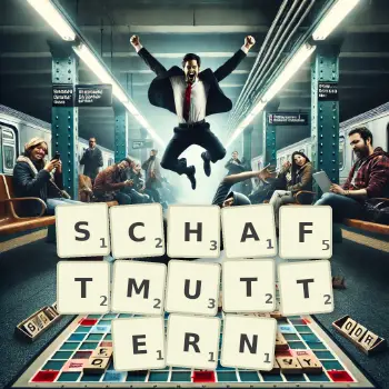 Kreative Illustration für ein Scrabble-Spiel, bei dem das Wort SCHAFTMUTTERN mit Steinen auf dem Brett gelegt wurde.