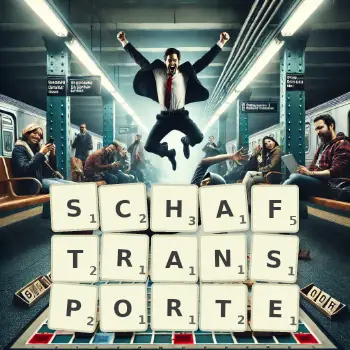 Kreative Illustration für ein Scrabble-Spiel, bei dem das Wort SCHAFTRANSPORTE mit Steinen auf dem Brett gelegt wurde.