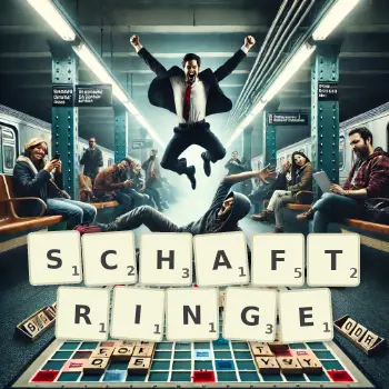 Kreative Illustration für ein Scrabble-Spiel, bei dem das Wort SCHAFTRINGE mit Steinen auf dem Brett gelegt wurde.