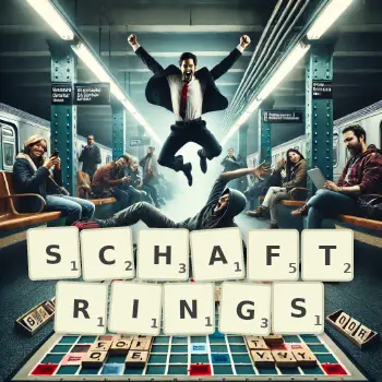 Kreative Illustration für ein Scrabble-Spiel, bei dem das Wort SCHAFTRINGS mit Steinen auf dem Brett gelegt wurde.