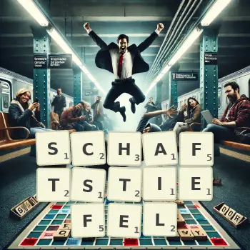 Kreative Illustration für ein Scrabble-Spiel, bei dem das Wort SCHAFTSTIEFEL mit Steinen auf dem Brett gelegt wurde.