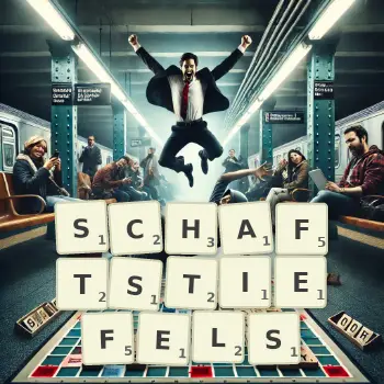 Kreative Illustration für ein Scrabble-Spiel, bei dem das Wort SCHAFTSTIEFELS mit Steinen auf dem Brett gelegt wurde.