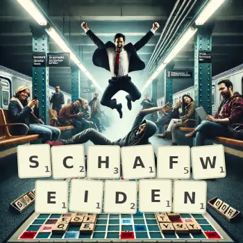 Kreative Illustration für ein Scrabble-Spiel, bei dem das Wort SCHAFWEIDEN mit Steinen auf dem Brett gelegt wurde.