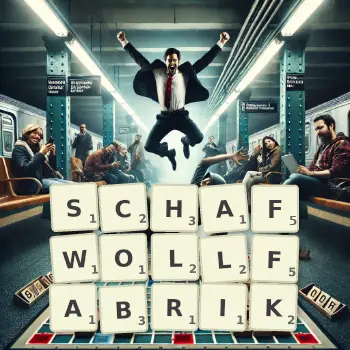 Kreative Illustration für ein Scrabble-Spiel, bei dem das Wort SCHAFWOLLFABRIK mit Steinen auf dem Brett gelegt wurde.