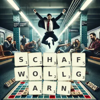 Kreative Illustration für ein Scrabble-Spiel, bei dem das Wort SCHAFWOLLGARN mit Steinen auf dem Brett gelegt wurde.