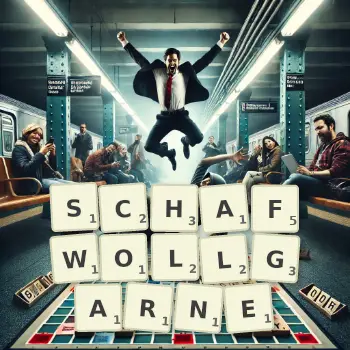 Kreative Illustration für ein Scrabble-Spiel, bei dem das Wort SCHAFWOLLGARNE mit Steinen auf dem Brett gelegt wurde.