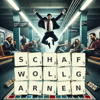 Kreative Illustration für ein Scrabble-Spiel, bei dem das Wort SCHAFWOLLGARNEN mit Steinen auf dem Brett gelegt wurde.