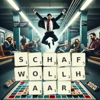 Kreative Illustration für ein Scrabble-Spiel, bei dem das Wort SCHAFWOLLHAAR mit Steinen auf dem Brett gelegt wurde.