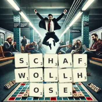 Kreative Illustration für ein Scrabble-Spiel, bei dem das Wort SCHAFWOLLHOSE mit Steinen auf dem Brett gelegt wurde.