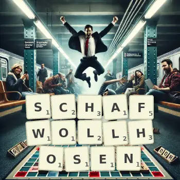 Kreative Illustration für ein Scrabble-Spiel, bei dem das Wort SCHAFWOLLHOSEN mit Steinen auf dem Brett gelegt wurde.