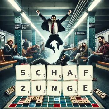 Kreative Illustration für ein Scrabble-Spiel, bei dem das Wort SCHAFZUNGE mit Steinen auf dem Brett gelegt wurde.