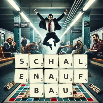 Kreative Illustration für ein Scrabble-Spiel, bei dem das Wort SCHALENAUFBAU mit Steinen auf dem Brett gelegt wurde.